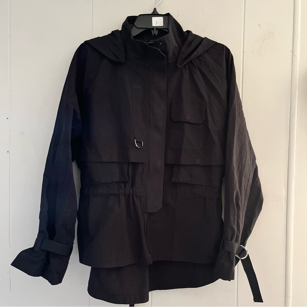Alo Surplus Detachable Hood Black Jacket Cotton w/ Pockets Relaxed Fit Women’s S